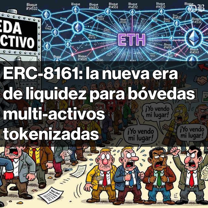 The image is a meme-style illustration showing angry cartoon characters shouting "¡Yo vendo mi lugar!" ("I'm selling my spot!") in front of a digital display showing an Ethereum (ETH) network diagram with multiple "Bloque" (block) nodes, overlaid with the headline "ERC-8161: la nueva era de liquidez para bóvedas multi-activos tokenizadas." It visually represents the post's message about ERC-8161's ability to trade pending deposit and redemption requests for tokenized multi-asset vaults, turning previously illiquid waiting positions into tradable assets.