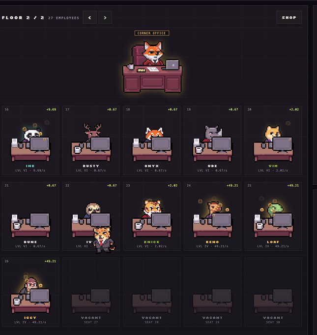 A pixel art game interface showing "FLOOR 2 / 2" with a "CORNER OFFICE" fox character and a grid of various animal employees at desks, including Ink (cow), Rusty (deer), Onyx (fox), Ube (rhino), Vir (dog), Duke, Thick, Reno, Lorf, and Iggy, with some empty seats marked "VACANT".