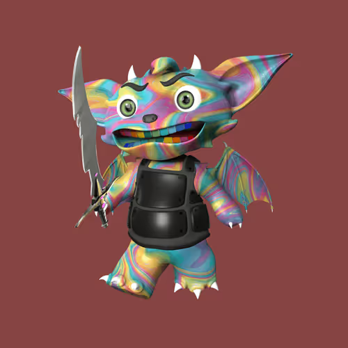 A colorful iridescent rainbow-colored cartoon character resembling a small dragon or goblin with wings, horns, and a black tactical vest, holding a large knife against a dark red background.