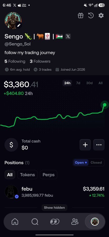 A mobile app screenshot of a trading profile for user @Sengo_Sol showing a portfolio value of $3,360.41 with a +$404.80 24h gain, including a position in 'febu' token worth $3,359.61.