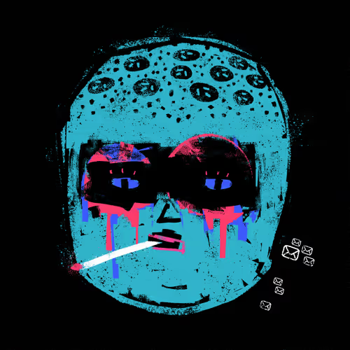 Stylized pop-art illustration of a teal face wearing black sunglasses with red and blue dripping paint effects, smoking a cigarette.