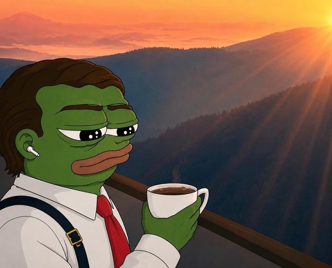 An illustration of the "Pepe the Frog" character sipping a hot cup of coffee while overlooking a misty mountain range at sunrise, accompanied by the caption "GM Im feeling optimistic about the future. May we all win. Inshallah." The serene sunrise and hopeful tone of the image visually reinforce the post's optimistic message.