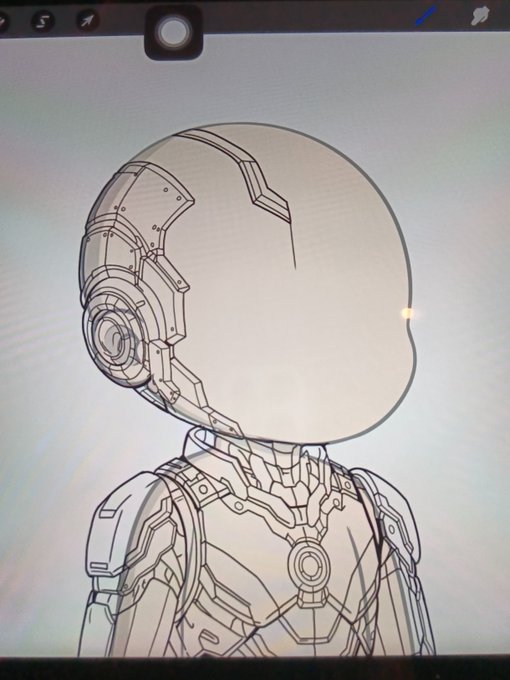 The image features a black and white line drawing of a robot's head with a helmet that has a camera attached to it. The robot appears to be wearing a necklace around its neck. The background of the image is white, which contrasts with the black and white lines of the drawing. There are no texts or other objects in the image, making the focus solely on the robot and its features.