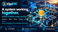 A ViaBTC promotional graphic reads “A system working together” and lists “Software, hardware, energy, incentives, Protocol · Node · Power · People,” with “@ViaBTC,” “Website: ViaBTC.com,” and “@Theismaning” along the bottom.