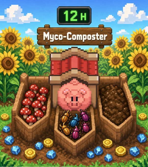 A pixel art game interface showing a 'Myco-Composter' with a 12H timer, featuring a pig, mushrooms, and beetles in wooden bins surrounded by sunflowers and collectible gems and coins.