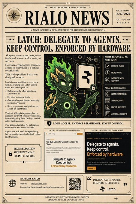 A "RIALO NEWS - WEB3 INFRASTRUCTURE EDITION" front page (Wednesday 15/07/2026, Vol. 1 - No. 128) advertises Latch with the headline "LATCH: DELEGATE TO AGENTS. KEEP CONTROL. ENFORCED BY HARDWARE," featuring a green-skinned horned figure and UI mockups alongside the tagline "Delegation is power. Control is security." The layout illustrates how Latch provides hardware-enforced delegation of AI agent permissions, expanding on the post's description of Latch solving the security risks of giving AI agents broad access.