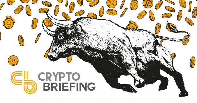 An illustration of a charging bull with gold coins falling around it, branded with the "CRYPTO BRIEFING" logo, representing bullish market sentiment.