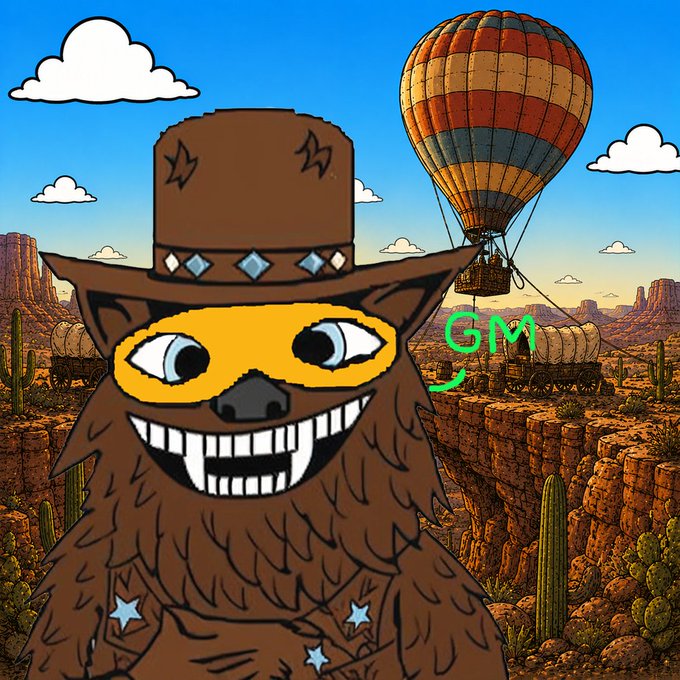 A digital illustration of a smiling brown furry creature wearing a cowboy hat with jewels, featuring the text 'GM' in green. The background depicts a desert landscape with covered wagons and a hot air balloon.