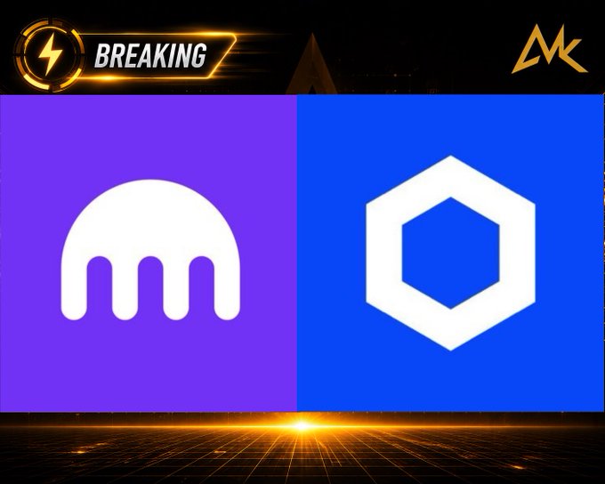 Breaking news graphic featuring two cryptocurrency logos side by side: a purple square with the white Kraken-style 'm' logo (likely MEW/MyEtherWallet) on the left and a blue square with a white hexagonal chainlink icon (Chainlink) on the right, beneath a 'BREAKING' banner with an MK logo in the top right corner.