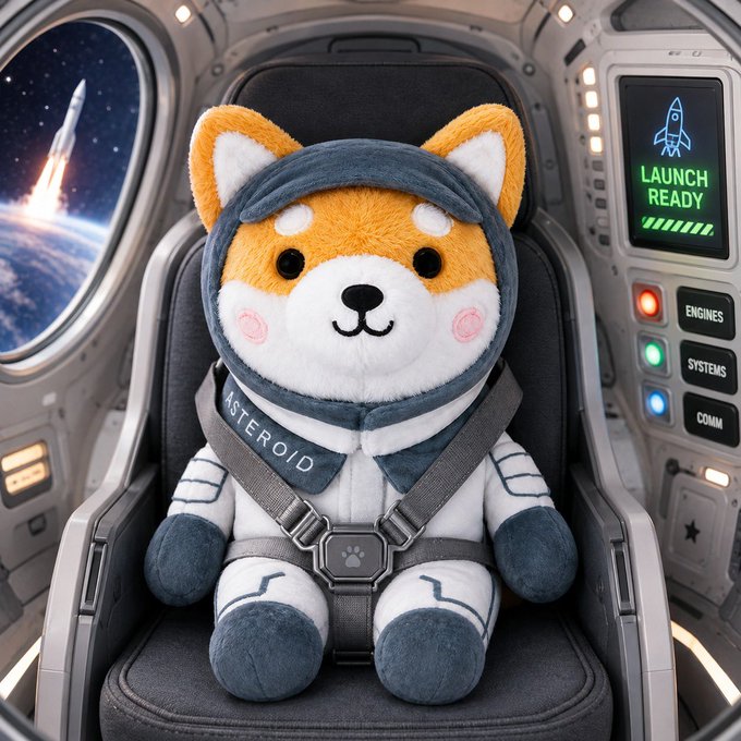 An adorable Shiba Inu plush toy dressed in a gray astronaut suit and helmet sits strapped into a spacecraft seat, with a "LAUNCH READY" sign and system controls labeled "ENGINES," "SYSTEMS," and "COMM" visible on the dashboard, while a rocket launches through the window in the background. The suit's harness is labeled "ASTEROID."
