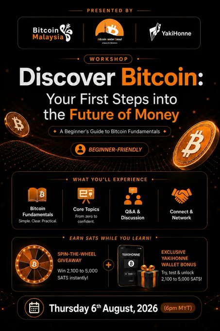 A promotional flyer for a 'Discover Bitcoin: Your First Steps into the Future of Money' workshop presented by Bitcoin Malaysia, Bitcoin Center, and YakiHonne, scheduled for Thursday 6th August, 2026 at 6pm MYT.