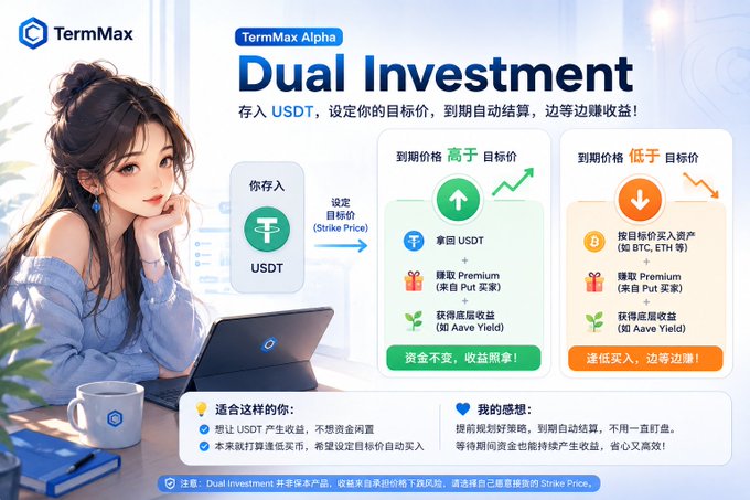 The image is a promotional graphic for TermMax Alpha's "Dual Investment" product, featuring an illustrated woman alongside diagrams that explain the two outcomes: if the price settles above the target (Strike Price), the user receives their USDT plus Premium and underlying yield, while if the price settles below the target, USDT is used to purchase the asset (e.g., BTC, ETH) at the strike price, still earning Premium and Aave Yield.