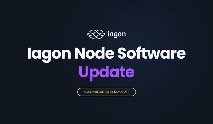 A promotional graphic for Iagon announcing a "Node Software Update" with text "Action Required by 12 August" displayed against a dark background.