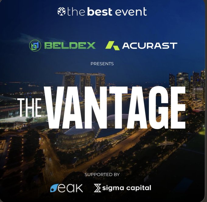 Event poster showing a nighttime cityscape (Singapore with Marina Bay Sands visible) promoting 'THE VANTAGE' event presented by 'BELDEX' and 'ACURAST', supported by 'peak' and 'sigma capital', under 'the best event' branding.