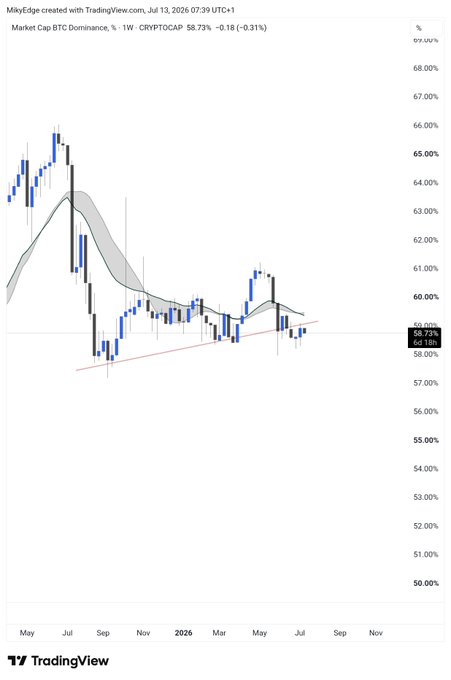 A weekly TradingView chart of BTC Dominance (CRYPTOCAP) showing a current value of 58.73% (-0.18%, -0.31%), with price action forming a rising wedge/triangle pattern after a sharp decline from ~65% highs—supporting the post's view that Bitcoin dominance is likely to break down and trend lower following the current retest.