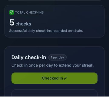 A dark-themed app interface showing a daily check-in feature with 'TOTAL CHECK-INS' of 5 checks and a green 'Checked in ✓' button indicating the user has already completed their daily check-in.