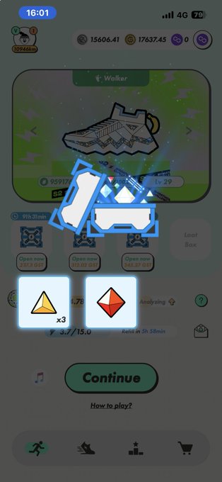 A mobile game screenshot showing a sneaker item being claimed, with a 'Continue' button and a timer indicating 9h 38min remaining.