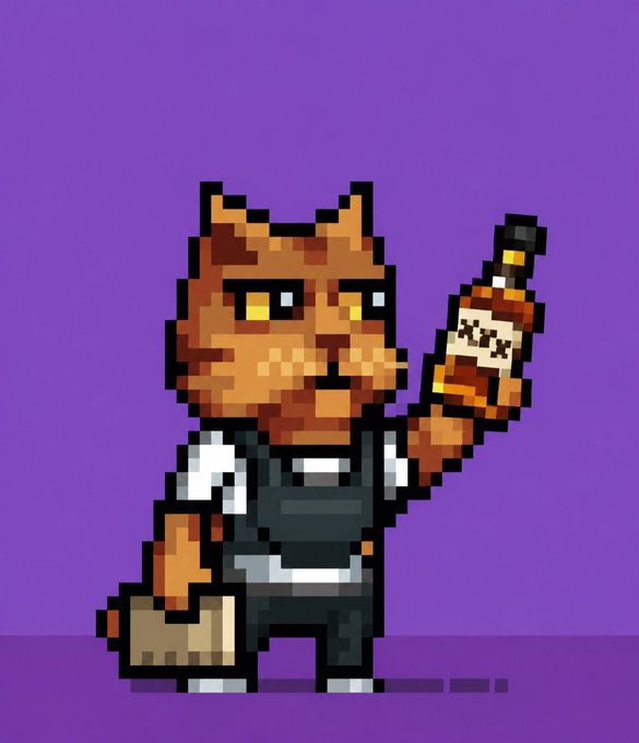 Pixel art of an anthropomorphic cat character in an apron holding a bottle labeled 'XIX' and a basket, set against a purple background.