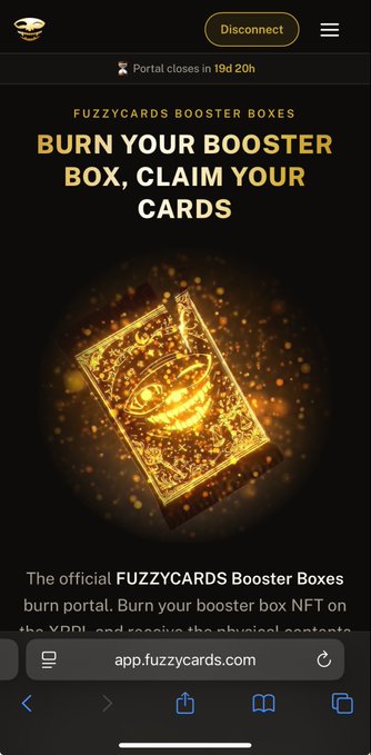 A mobile screen showing the 'FUZZYCARDS Booster Boxes' page with the text 'BURN YOUR BOOSTER BOX, CLAIM YOUR CARDS' above a glowing golden booster box illustration.