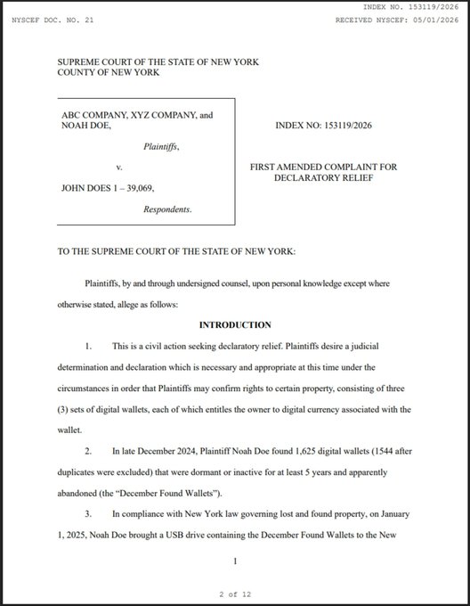 The image shows a white piece of paper with text in black ink and a picture of a man's face on it titled "BREAKING" at the top. The main focus of the document appears to be related to Bitcoin, specifically addressing the ownership claim of numerous dormant Bitcoin wallets that contain over $285 billion worth of cryptocurrency value. These wallets were created by a man named Noah Doe using the name "Noah Doe," and he filed a lawsuit against those parties in New York. The text reveals the legal reasoning behind the case and outlines the expected outcome, which is to establish ownership of these Bitcoins as a legal matter.