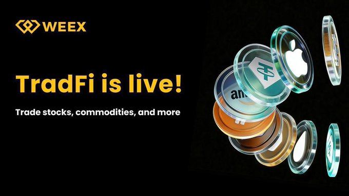 The image shows a bunch of coins stacked next to each other with a black background above them. Below, there is text that reads "Trade gold, oil, and stocks directly with USDT without needing a brokerage account or bank deposits on @WEEX". The text also mentions a promotion for trading these assets in the cryptocurrency market.
