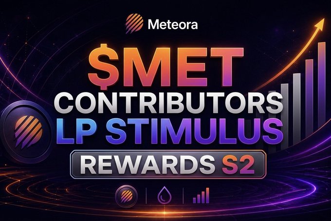 A promotional graphic for 'Meteora' featuring bold text reading '$MET CONTRIBUTORS LP STIMULUS REWARDS S2' against a dark, cosmic background with rising bar charts and an upward-trending arrow.
