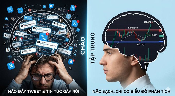 A Vietnamese meme contrasting chaos from social media feeds and news on the left with focused analysis charts in the brain on the right, emphasizing concentrated learning.