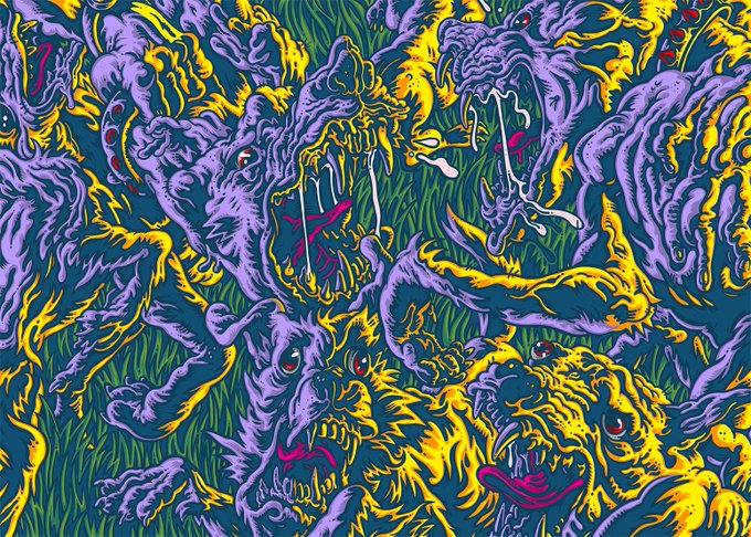 A dense, psychedelic illustration of multiple tiger and big cat heads in purple, yellow, and teal with wide eyes and open mouths showing teeth.