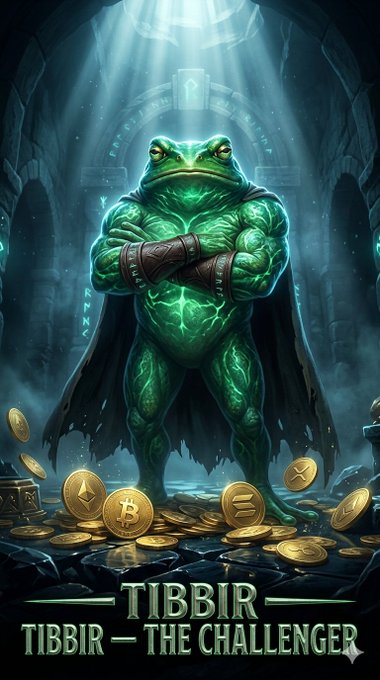 The image features a green frog with a cape standing in front of piles of gold coins, which are scattered around him. The caption reads "ETH had its era. BTC had its throne. SOL had its moment. XRP had its day. $TIBBIR has its destiny. The Challenger has arrived." This post is about the cryptocurrency world and how it relates to the story of the frog in the image, with a focus on the character TIBBIR from the game "The Challenger".