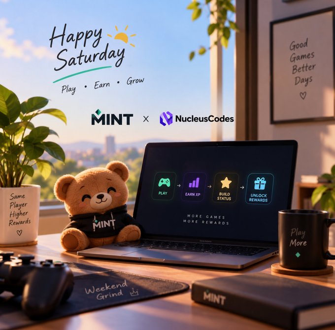 A 'Happy Saturday' promotional graphic for a 'MINT x NucleusCodes' partnership, featuring a teddy bear plushie on a desk with a laptop displaying icons for 'PLAY', 'EARN XP', 'BUILD STATUS', and 'UNLOCK REWARDS'.