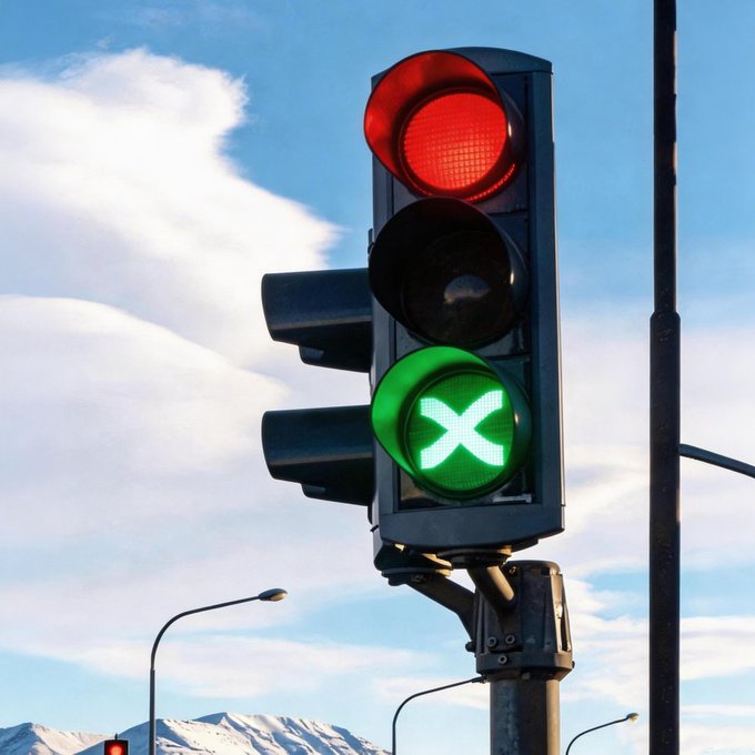 A traffic light with a red signal and a green signal displaying an "X" symbol stands against a backdrop of snow-capped mountains and a partly cloudy sky, uniquely conveying a clear directive to stop and go—mirroring the post's message that this combination is "the only signal you need to see today."