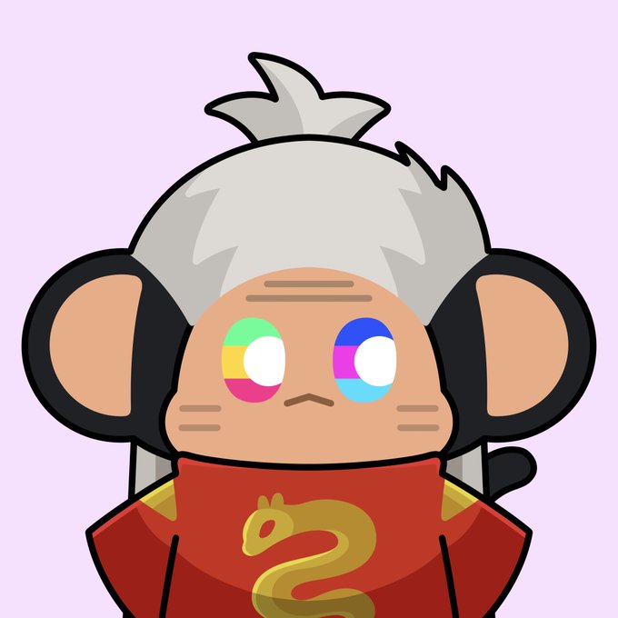 A cartoon illustration features a character with large dark mouse-like ears, white spiky hair, colorful mismatched eyes, and a red shirt with a yellow dragon design against a purple background.