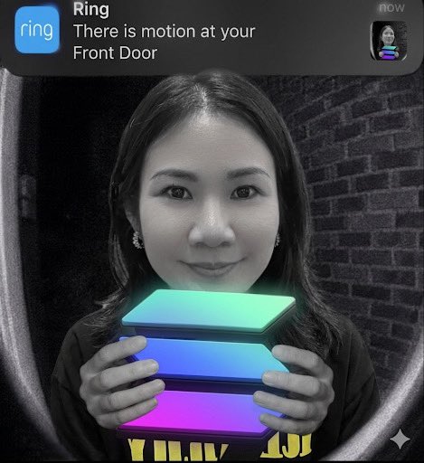 A notification banner from the "Ring" app alerts "There is motion at your Front Door," while a smiling woman holds a stack of three glowing, colorful boxes (green, blue, and purple), suggesting a promotional image welcoming Solana builders, founders, startups, and creators to Thailand.