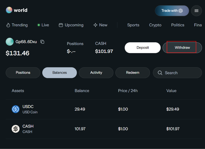 Crypto trading platform screenshot labeled 'world' showing account 'Gp68.6Dxu' with a balance of $131.46, CASH balance of $101.97, and balances of USDC (29.49, $29.49) and CASH (101.97, $101.97); the 'Withdraw' button is highlighted with a red box.