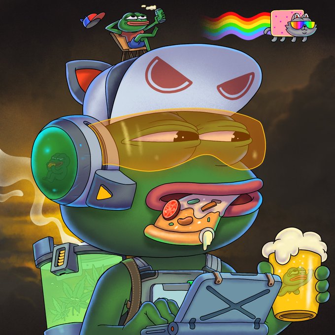 The image features a cartoon frog wearing a hat with a rainbow design, holding a beer mug and eating pizza while standing next to a laptop computer. The background includes a black sky and various other elements such as a car and a truck. The post seems to be related to the cartoon frog's adventures in exploring different planets or galaxies using the laptop for navigation and communication purposes.