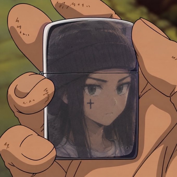 An illustrated hand holds a flip phone displaying an anime-style girl with dark hair, a black hat, and a small cross mark under her eye.