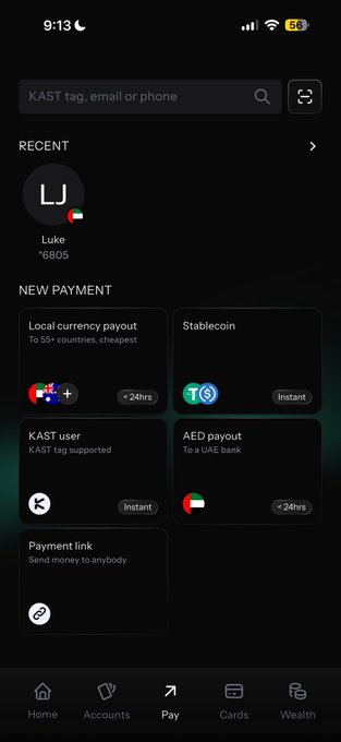 The image shows the KAST app's "Pay" screen, displaying options for Local currency payout, Stablecoin, KAST user, AED payout, and Payment link, with a recent transaction to Luke (*6805) visible at the top. The screenshot illustrates the platform's payment interface being promoted in the post as a premium crypto banking experience with native XRPL stablecoin deposits and bank payouts.