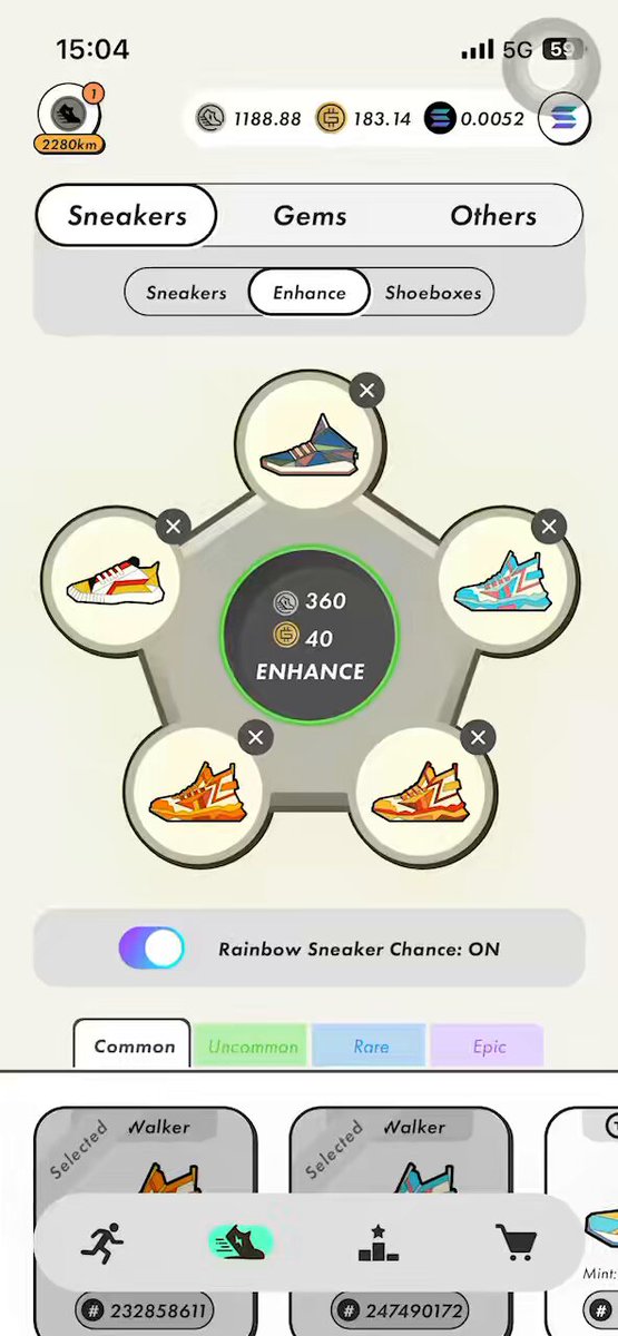 The image shows a phone screen with an app icon, which appears to be a sneaker shopping app. The main focus of the image is a group of sneakers displayed in various colors and styles, arranged in a circular pattern. There are five different types of shoes shown on the screen, each with its own unique design. The app has a "StepN" button at the bottom left corner, which could be used to navigate through the options or make selections within the app.