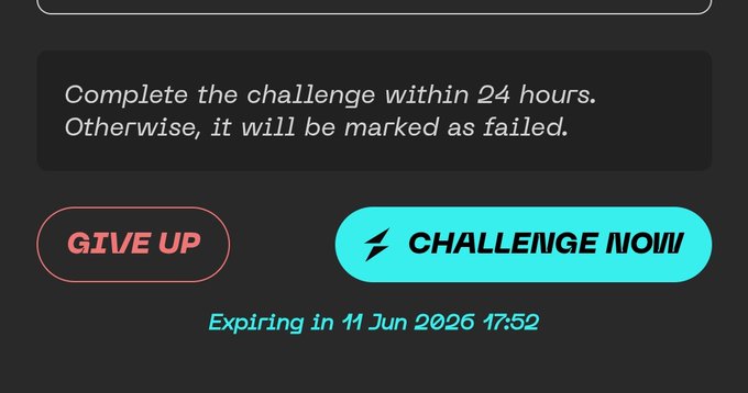 The image shows a post with a message that reads "Complete the challenge within 24 hours. Otherwise, it will be marked as failed." The post also includes two buttons - one labeled "GIVE UP" and another labeled "CHALLENGE NOW". These buttons are located on the right side of the image.