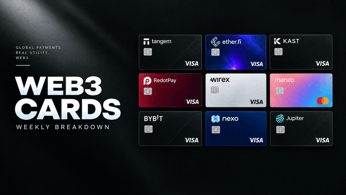 A promotional graphic titled "WEB3 CARDS Weekly Breakdown" with the tagline "Global Payments, Real Utility, Web3" displays nine crypto Visa cards from providers including tangem, ether.fi, KAST, RedotPay, wirex, manzo, BYBIT, nexo, and Jupiter, visually highlighting the variety of Web3 payment options featured in the accompanying weekly recap post.