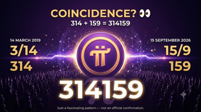 A promotional graphic titled "COINCIDENCE? 👀" highlighting the mathematical pattern "314 + 159 = 314159" alongside the Pi cryptocurrency logo, connecting dates 3/14 (Pi Day) and 15/9/2026. The image relates to the post's bullish sentiment about Pi coin's price potential by emphasizing Pi's mathematical symbolism.