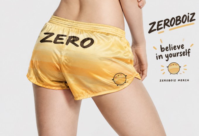 A product advertisement shows yellow athletic shorts with 'ZERO' printed on them, accompanied by 'ZEROBOiZ', 'believe in yourself', and 'ZEROBOiZ MERCH' text.