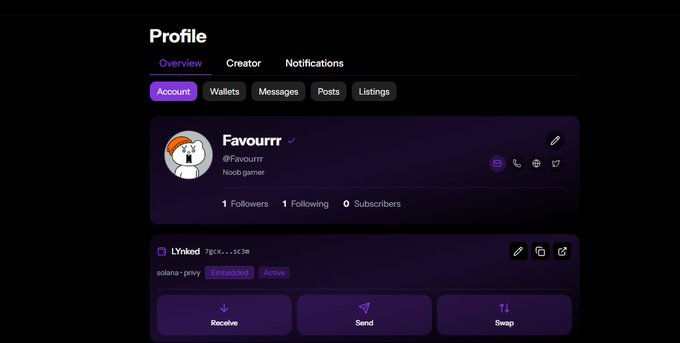 A dark-themed crypto profile page for user "Favouurr" (@Favouurr) labeled "Noob gamer" with 1 Follower and 0 Subscribers, showing a linked Solana wallet.
