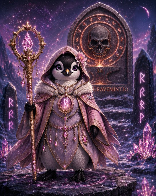 Fantasy artwork of a penguin wizard in purple robes holding a staff, with 'GRAVEMINT.IO' branding and skull tombstone in the background.