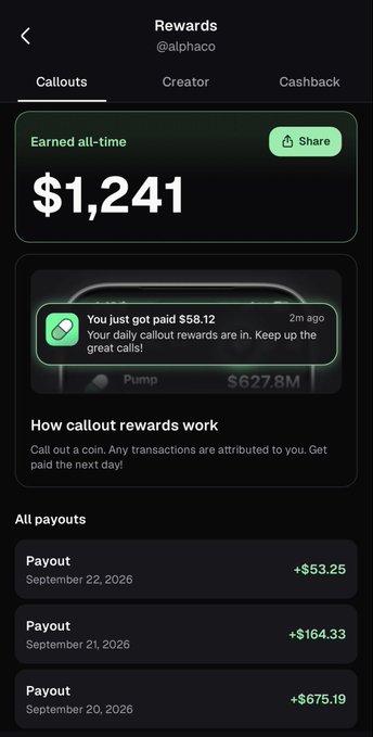 A mobile app screenshot showing a 'Rewards' page for '@alphaco' with an earned all-time amount of $1,241, a notification about a $58.12 daily payout, and a list of previous payouts.