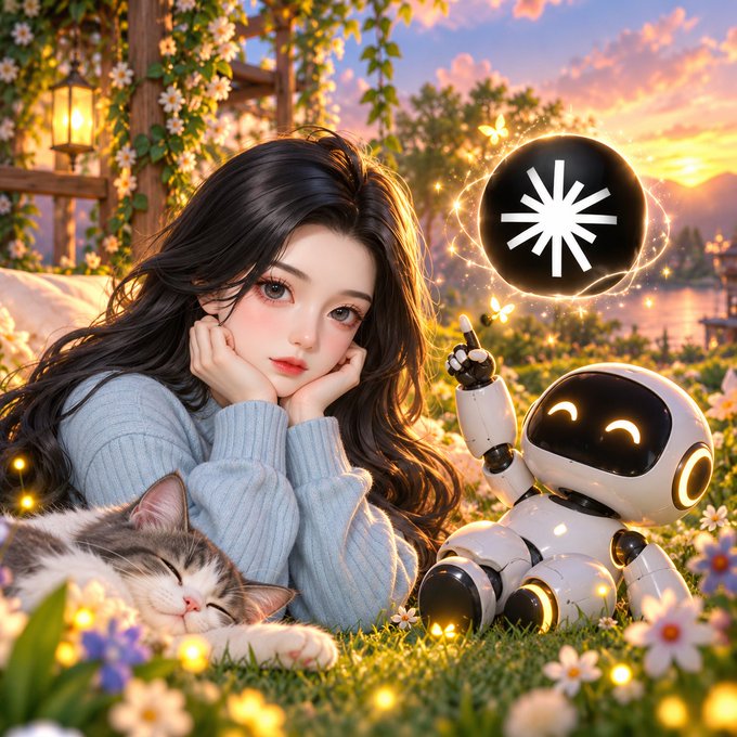 An anime-style digital illustration of a young woman with a cat and a small robot, overlaid with the black and white Spark blockchain logo, set against a sunset background with fireflies.