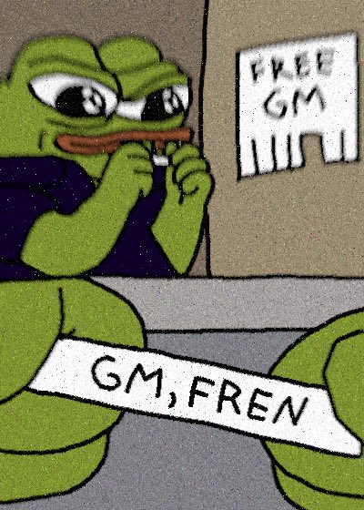 A crudely drawn image of Pepe the Frog eating a sandwich next to a wall with a "FREE GM" sign, with a banner reading "GM, FREN" across the bottom.