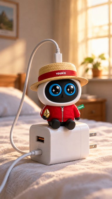 A small black and white robot toy wearing a straw hat with "YOUKIE" written on it and a red jacket sits on a white charging block on a bed.