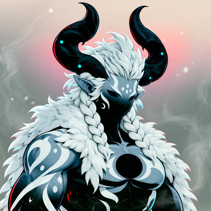 A digital illustration of a mystical figure with dark skin, glowing cyan eyes, black horns, white braided hair, and an intricate white and black tribal design on their body.