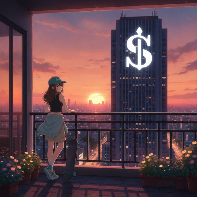 An anime-style illustration of a girl wearing a cap and holding a skateboard, looking out from a high-rise balcony at a sunset cityscape, with a building displaying a large dollar sign ($).